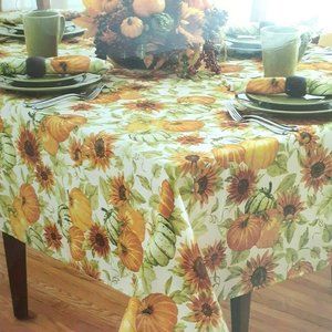 Fabric Tablecloth Fall Sunflowers Pumpkins Beige 60x84 Easy Care